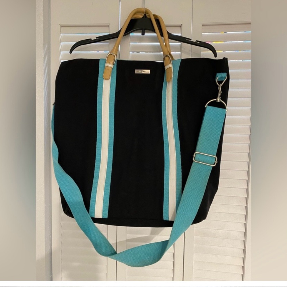 MAC Cosmetics Black Tote with Blue and Tan Accents